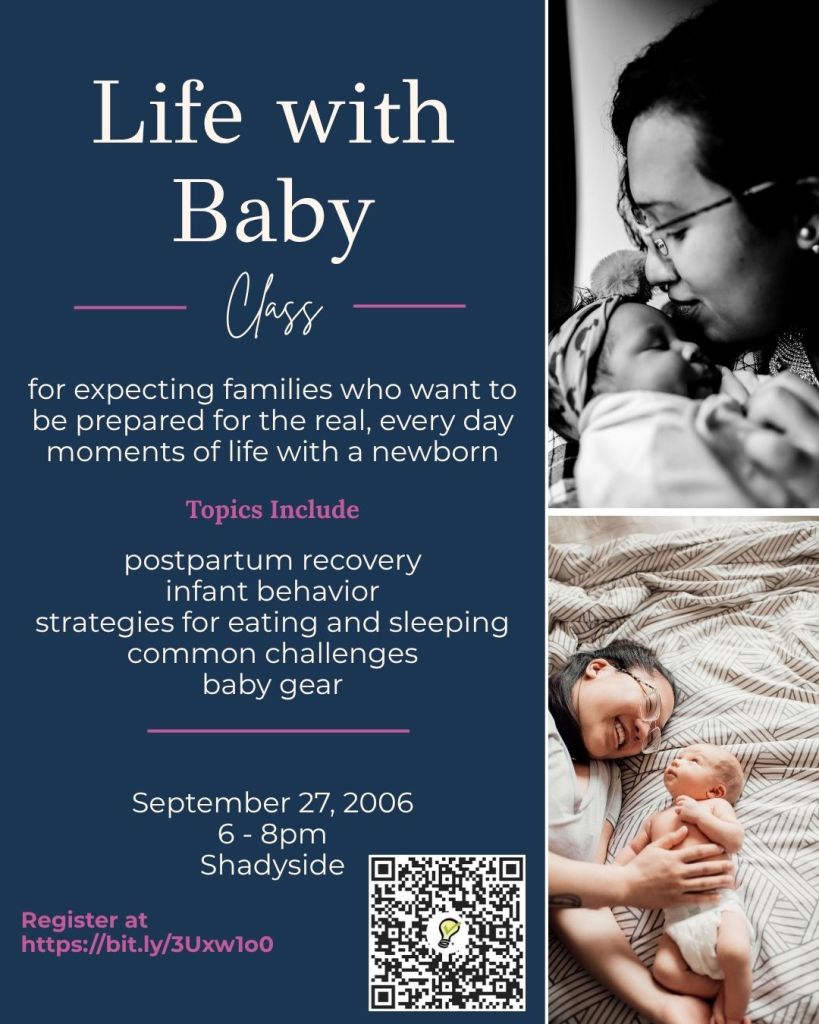 Poster for Life with Baby class. New parents in Pittsburgh learn about postpartum recovery, postpartum doulas, infant behavior, what to expect in the first months with a newborn